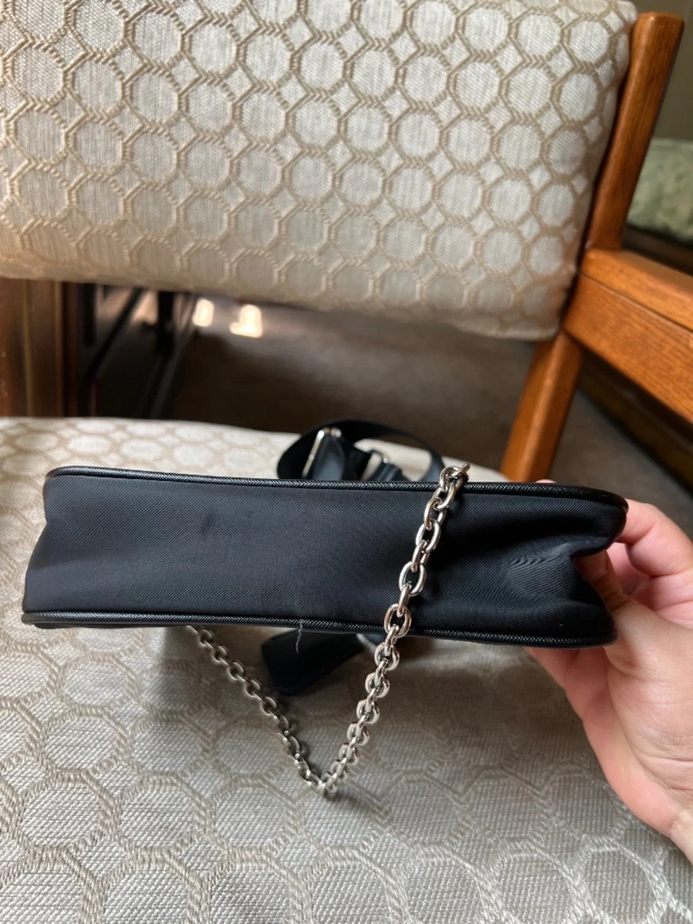 Black Nylon Shoulder Bag with Chain Accent